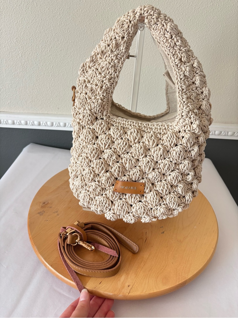 NEW NOA&IRE Cream Crochet Woven Hand Boho Bucket Bag with Detachable Strap